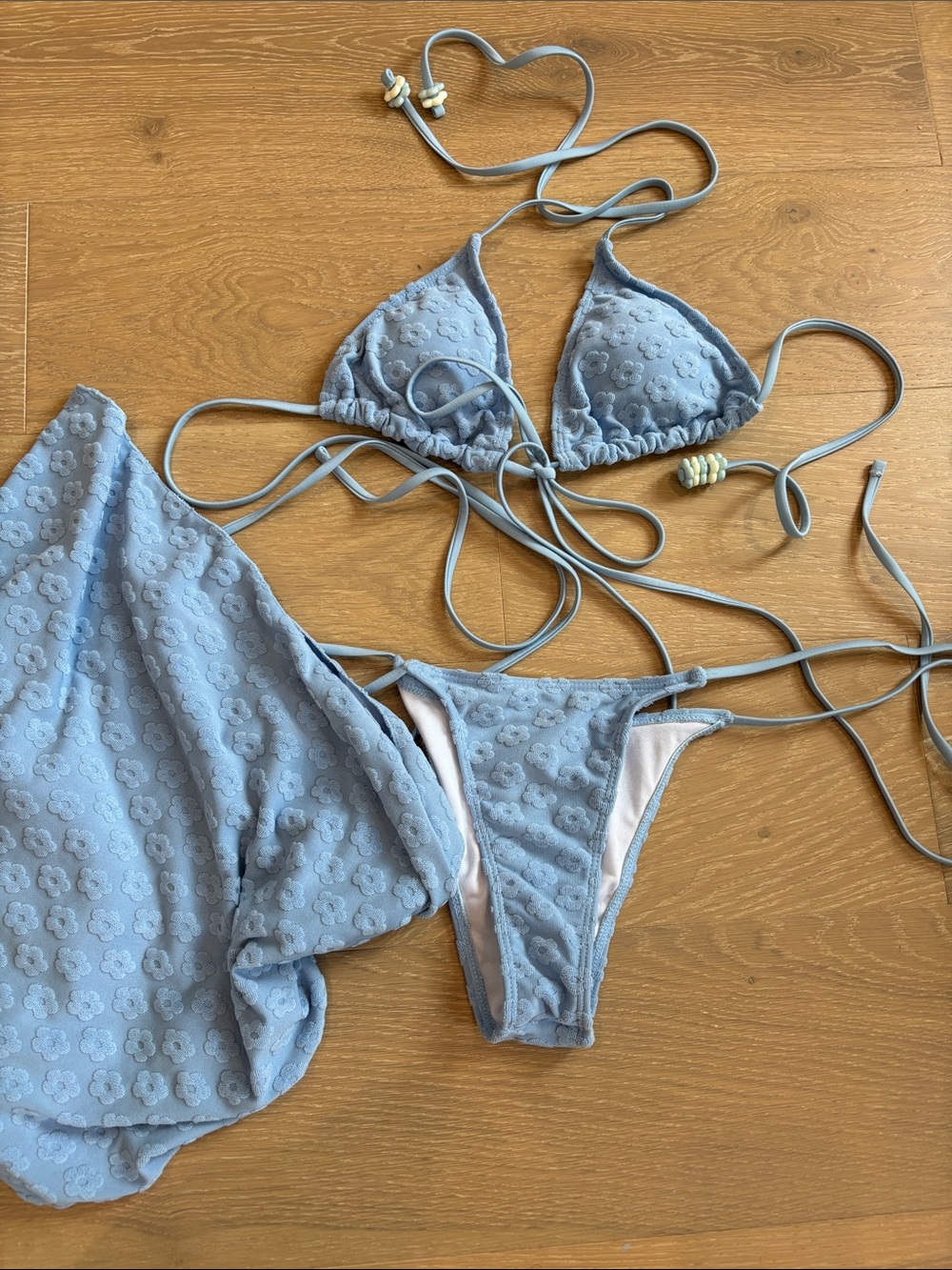 Triangle String Bikini Set in Light Blue with Floral Texture and charms